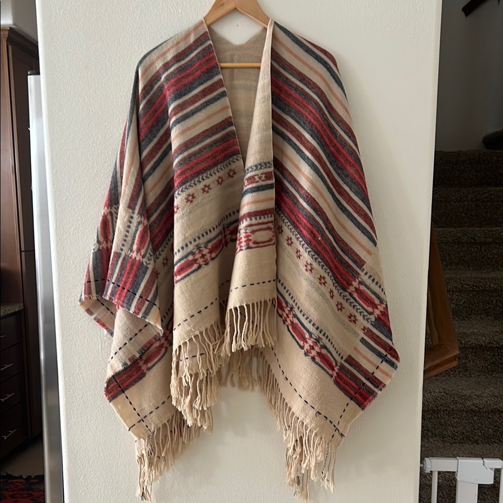 Red & Beige Woven Poncho